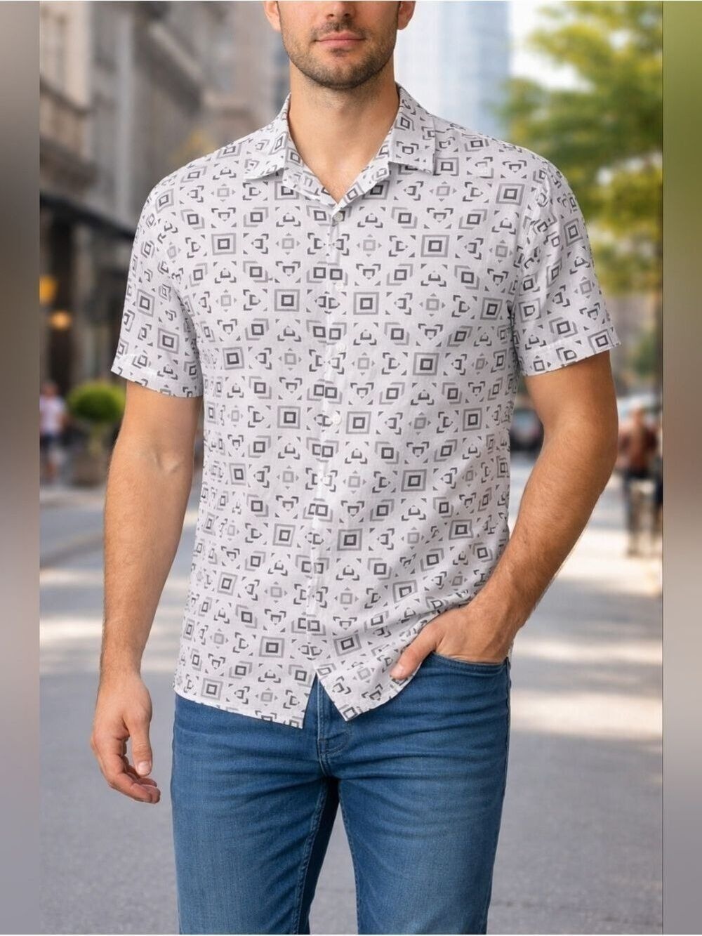 Original Use Geometric Button Up Shirt Medium Streetwear Minimal Modern